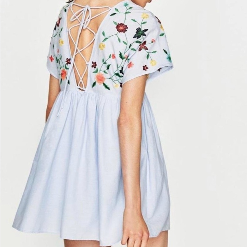 J.O.A Embroidery babydoll cotton light blue dress with two pockets
